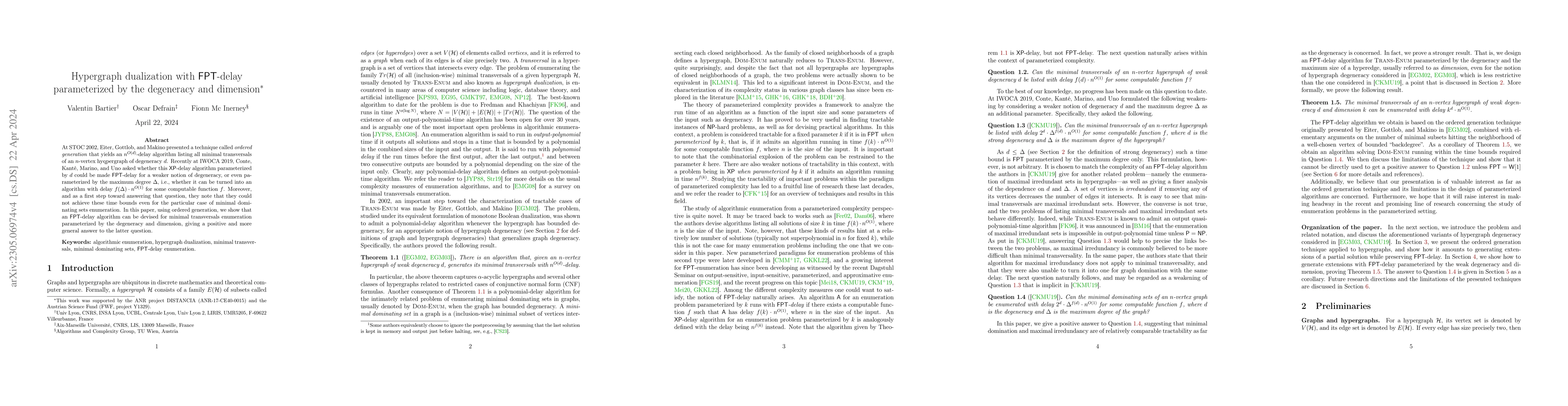 Thumbnail for Hypergraph dualization with FPT-delay parameterized by the degeneracy
  and dimension