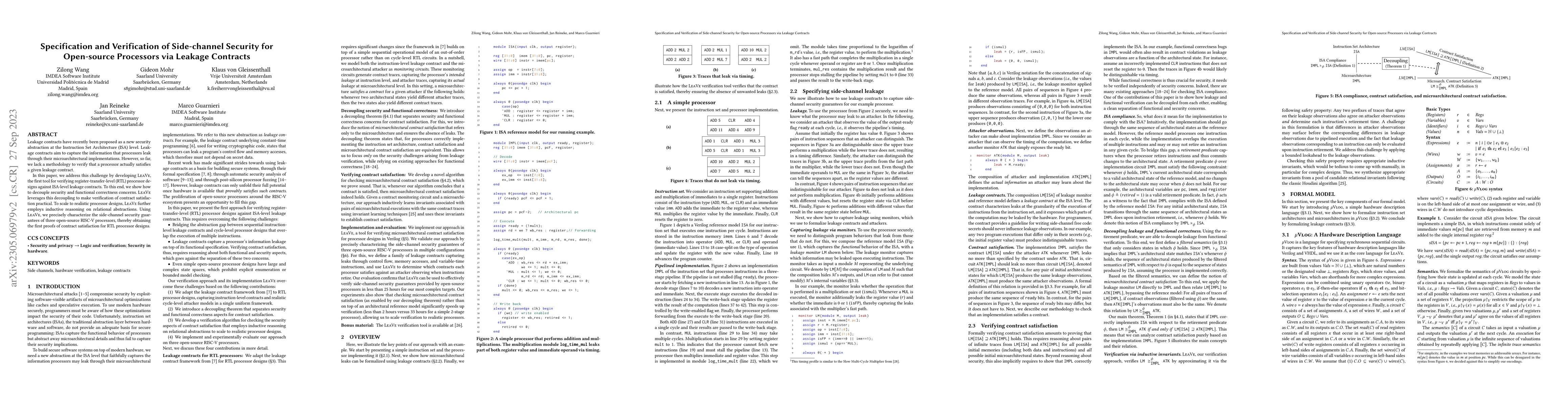 Thumbnail for Specification and Verification of Side-channel Security for Open-source
  Processors via Leakage Contracts