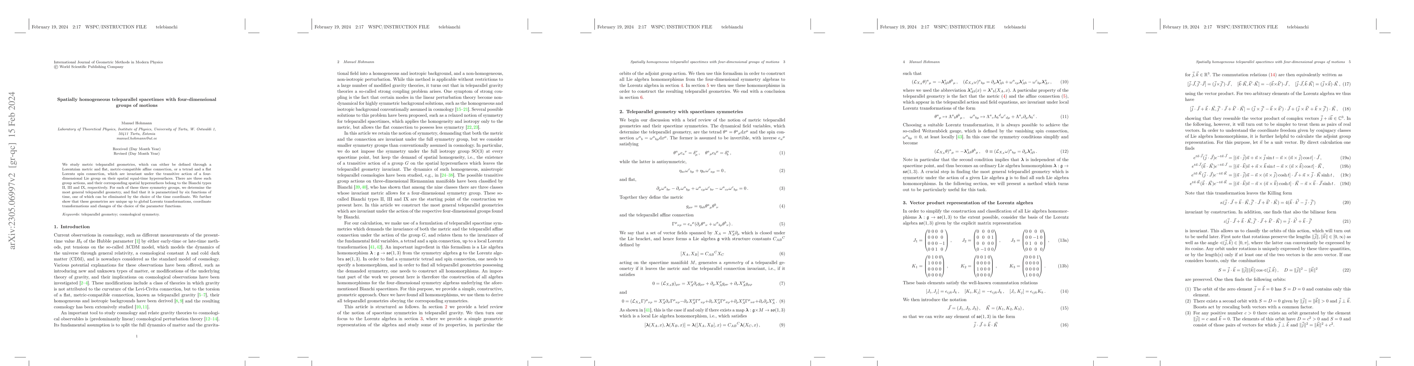Thumbnail for Spatially homogeneous teleparallel spacetimes with four-dimensional
  groups of motions