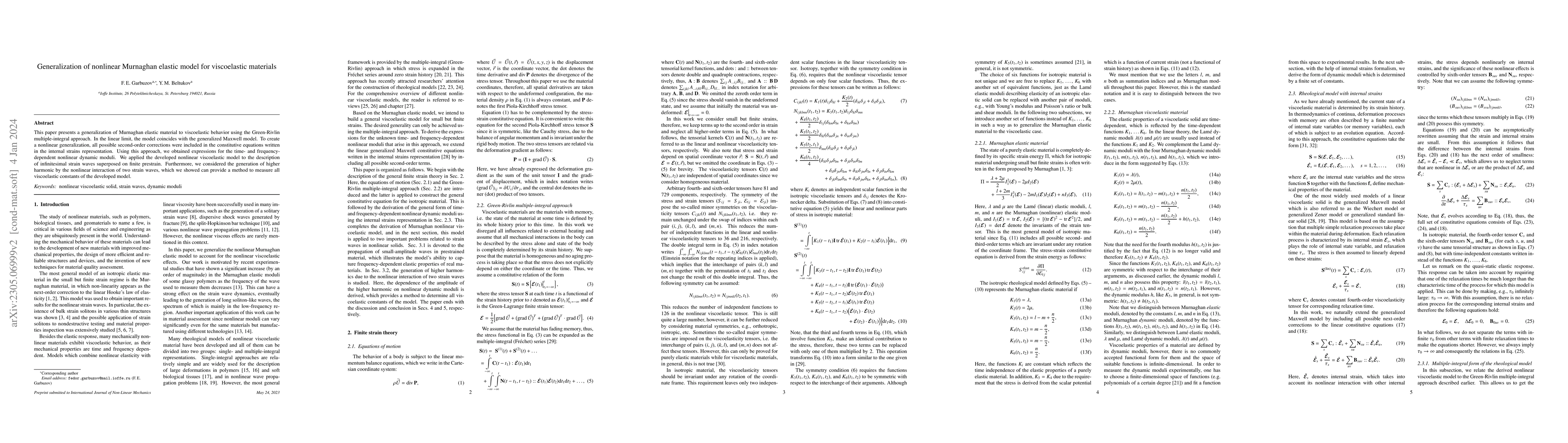 Thumbnail for Generalization of nonlinear Murnaghan elastic model for viscoelastic
  materials
