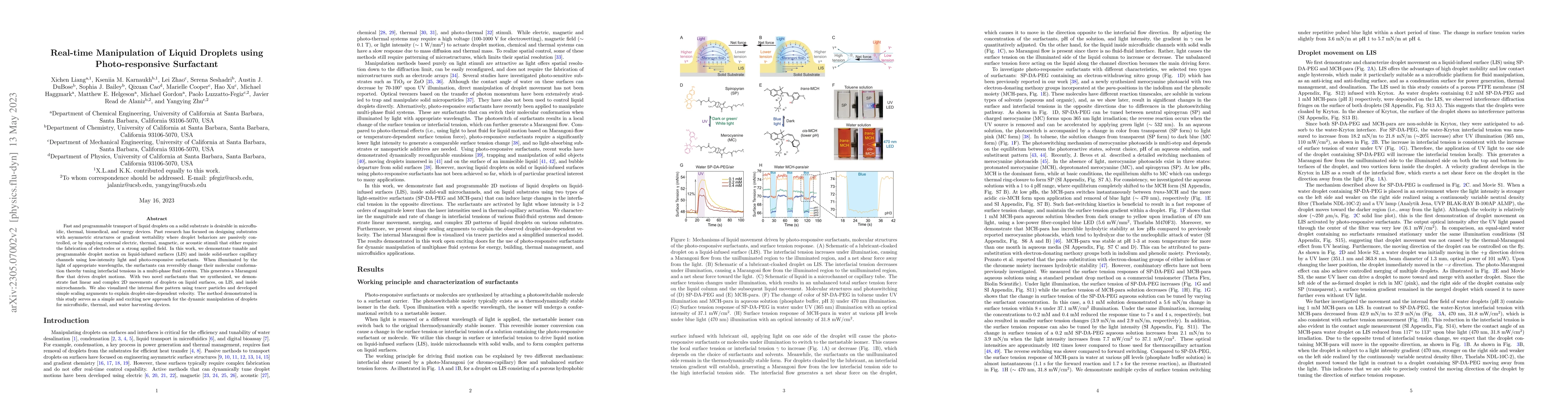 Thumbnail for Real-time Manipulation of Liquid Droplets using Photo-responsive
  Surfactant