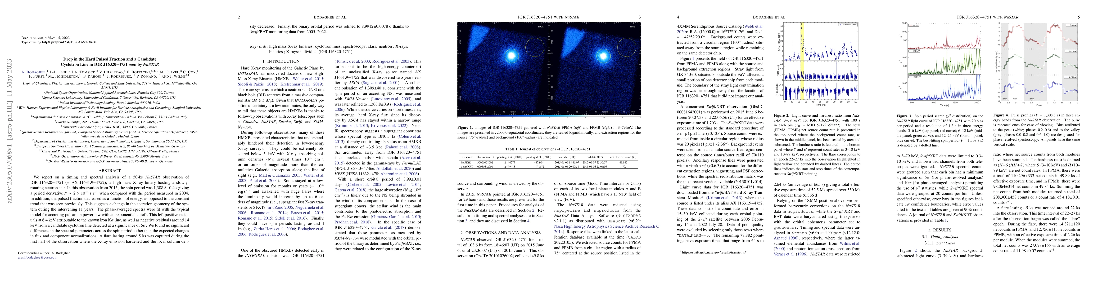 Thumbnail for Drop in the hard pulsed fraction and a candidate cyclotron line in IGR
  J16320-4751 seen by NuSTAR