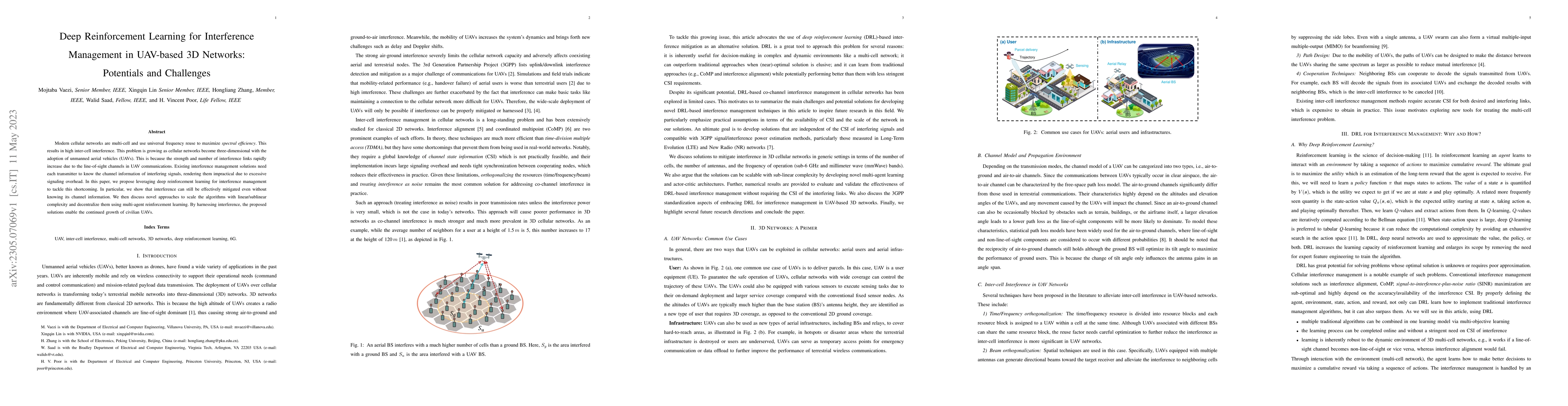 Thumbnail for Deep Reinforcement Learning for Interference Management in UAV-based 3D
  Networks: Potentials and Challenges