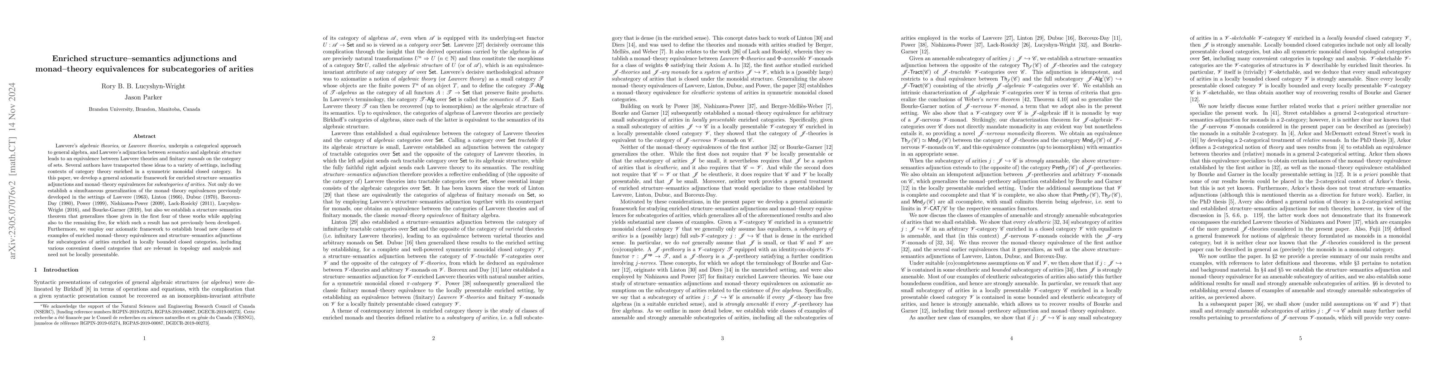 Thumbnail for Enriched structure-semantics adjunctions and monad-theory equivalences
  for subcategories of arities