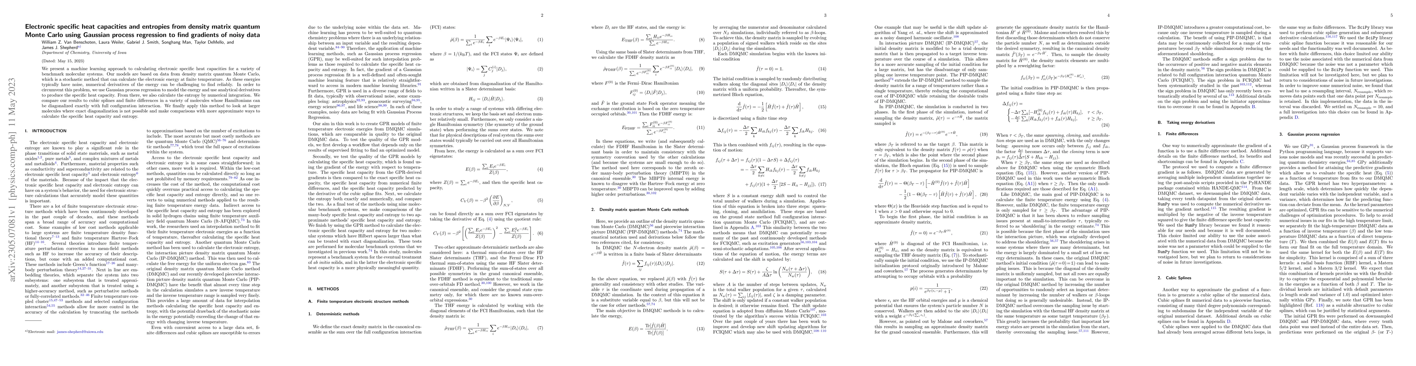 Thumbnail for Electronic specific heat capacities and entropies from density matrix
  quantum Monte Carlo using Gaussian process regression to find gradients of
  noisy data