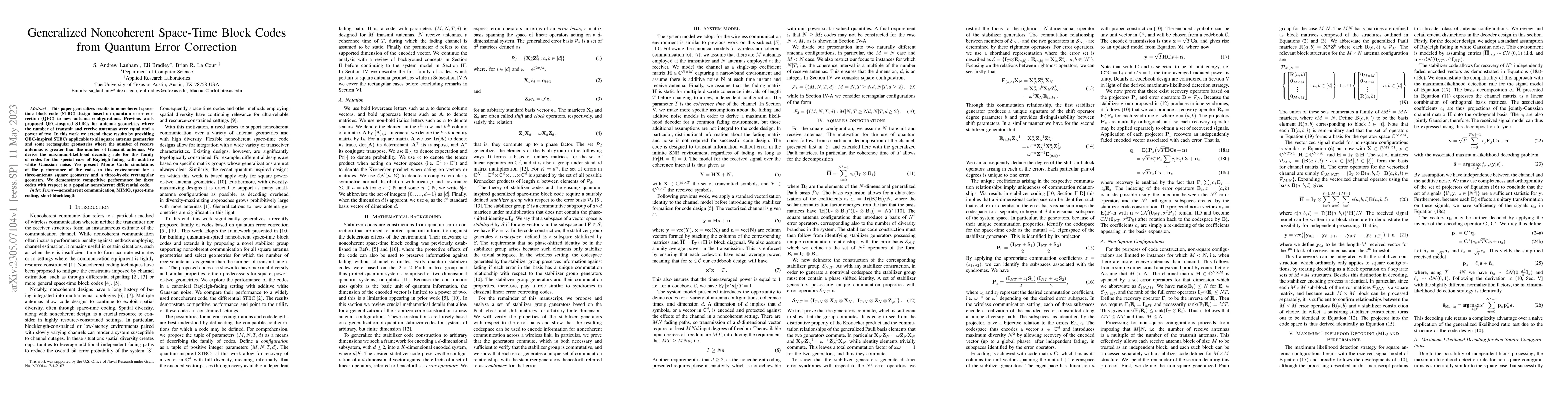 Thumbnail for Generalized Noncoherent Space-Time Block Codes from Quantum Error
  Correction