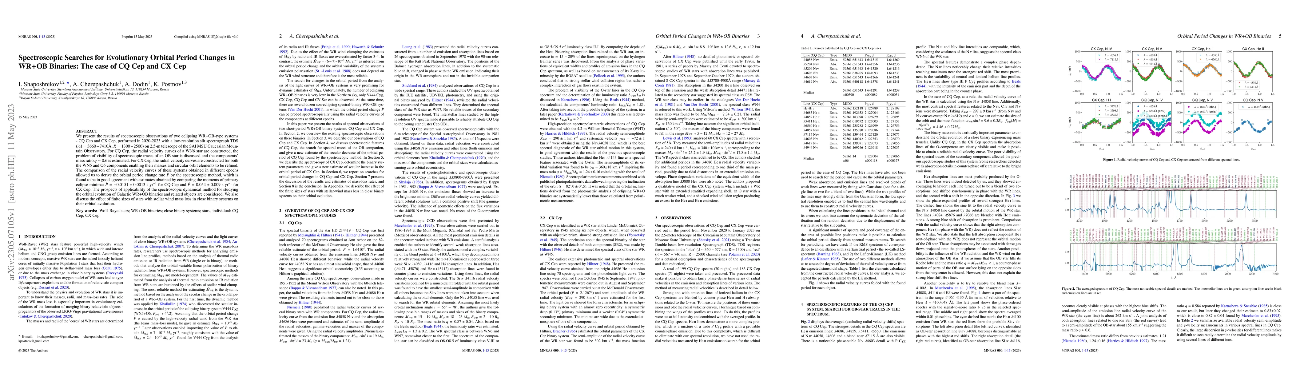 Thumbnail for Spectroscopic Searches for Evolutionary Orbital Period Changes in WR+OB
  Binaries: The case of CQ Cep and CX Cep