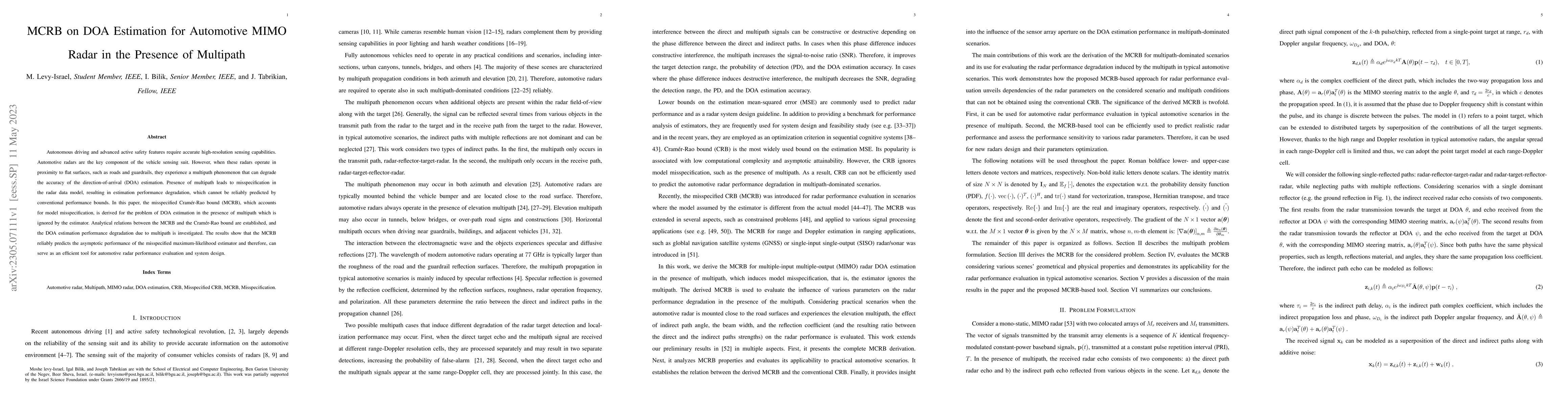 Thumbnail for MCRB on DOA Estimation for Automotive MIMO Radar in the Presence of
  Multipath
