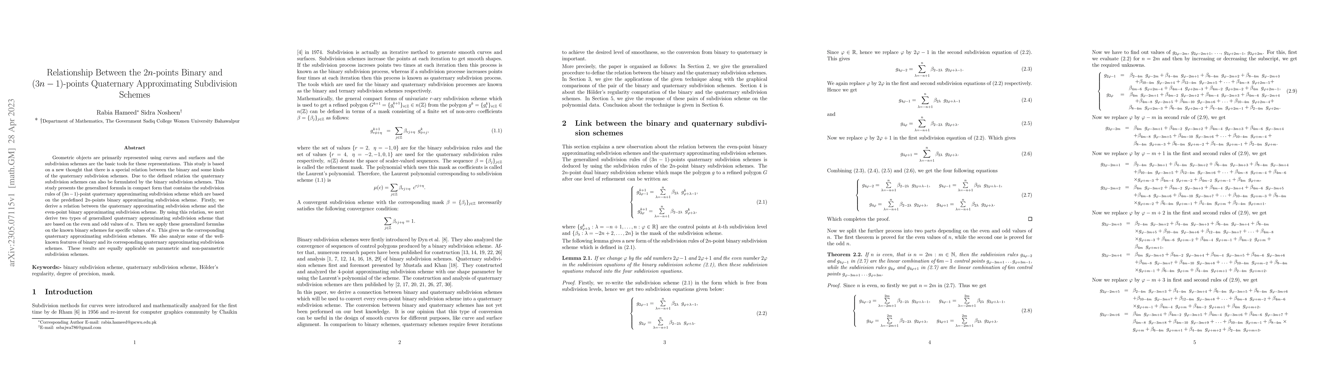 Thumbnail for Relationship between the 2n-points binary and (3n-1)-points quaternary
  approximating subdivision schemes