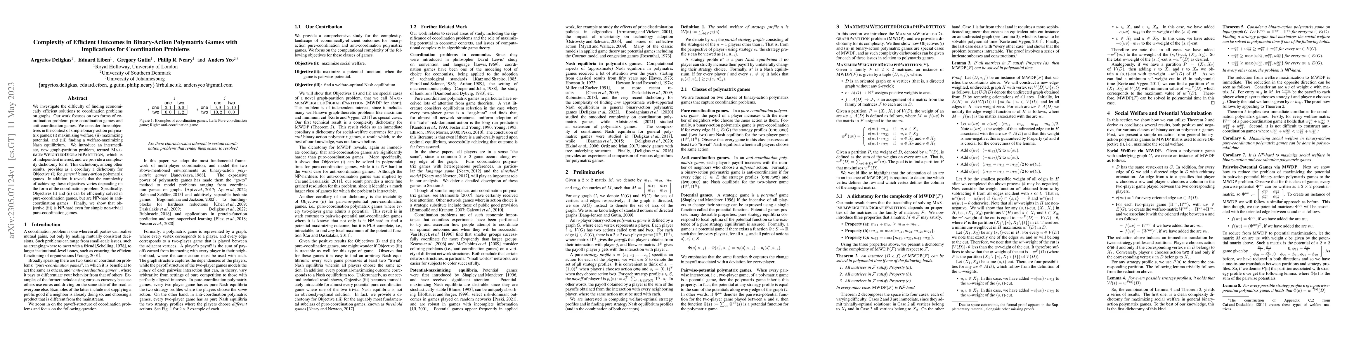 Thumbnail for Complexity of Efficient Outcomes in Binary-Action Polymatrix Games with
  Implications for Coordination Problems