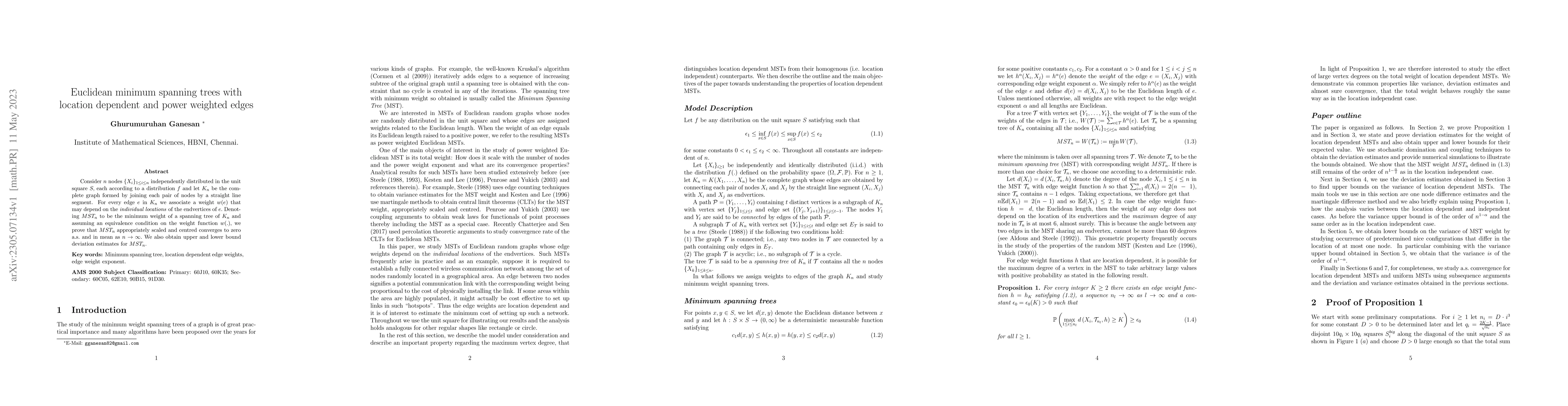 Thumbnail for Euclidean minimum spanning trees with location dependent and power
  weighted edges