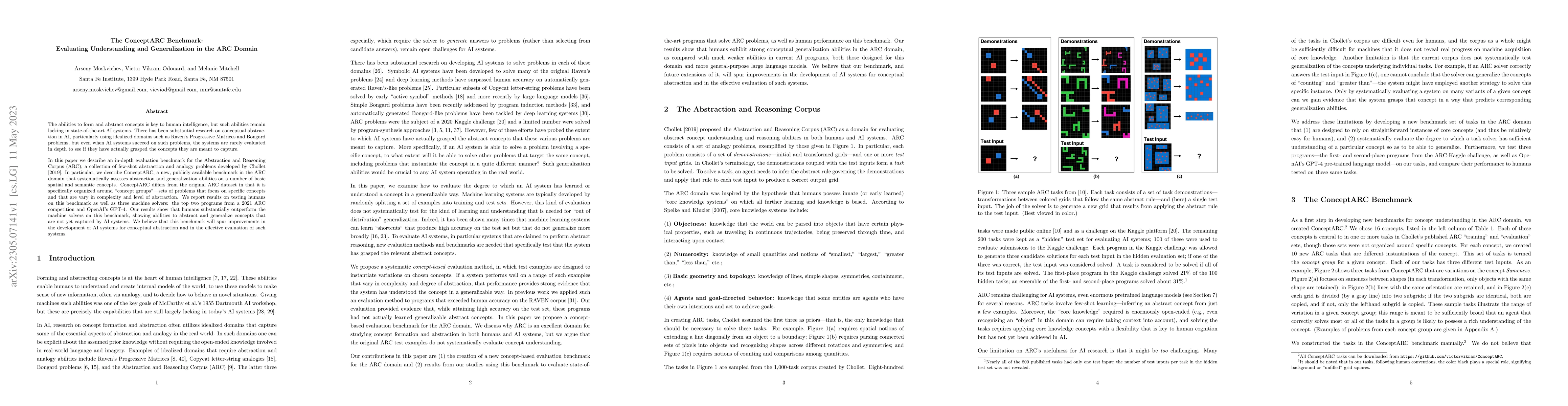 Thumbnail for The ConceptARC Benchmark: Evaluating Understanding and Generalization in
  the ARC Domain