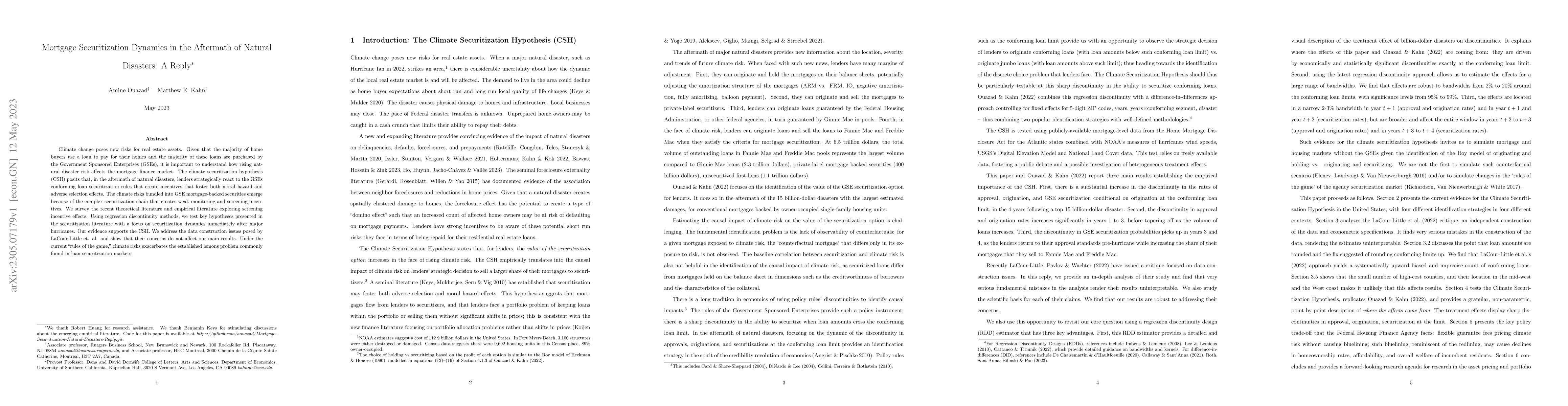 Thumbnail for Mortgage Securitization Dynamics in the Aftermath of Natural Disasters:
  A Reply