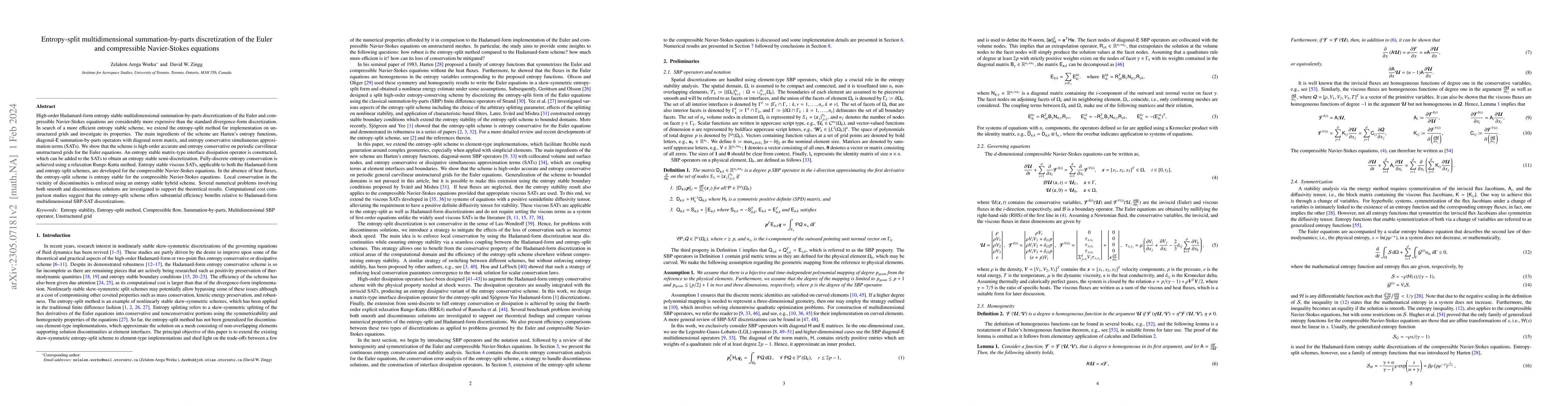 Thumbnail for Entropy-split multidimensional summation-by-parts discretization of the
  Euler and compressible Navier-Stokes equations