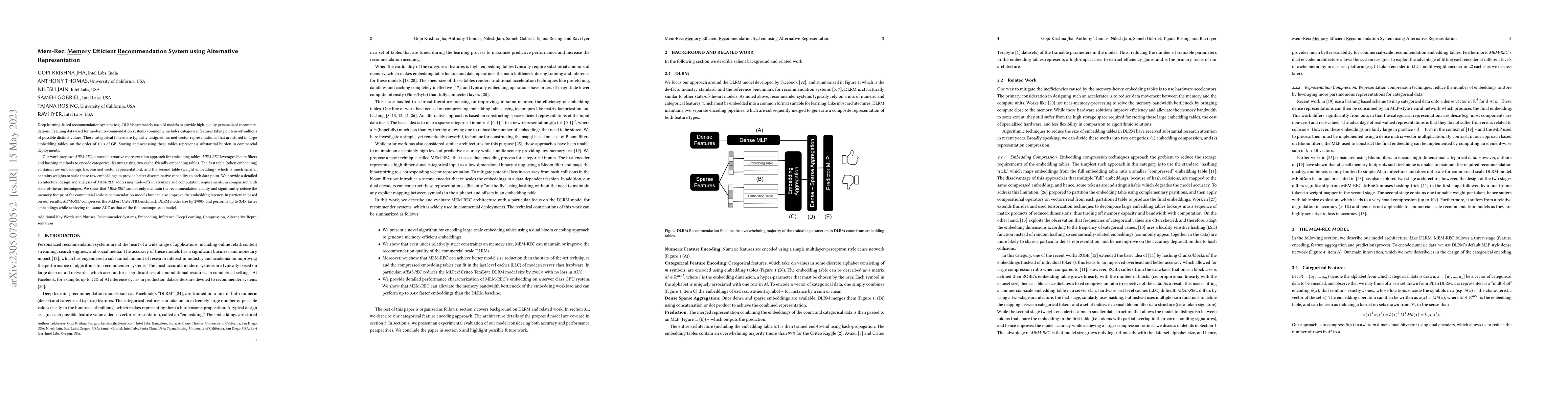 Thumbnail for Mem-Rec: Memory Efficient Recommendation System using Alternative
  Representation