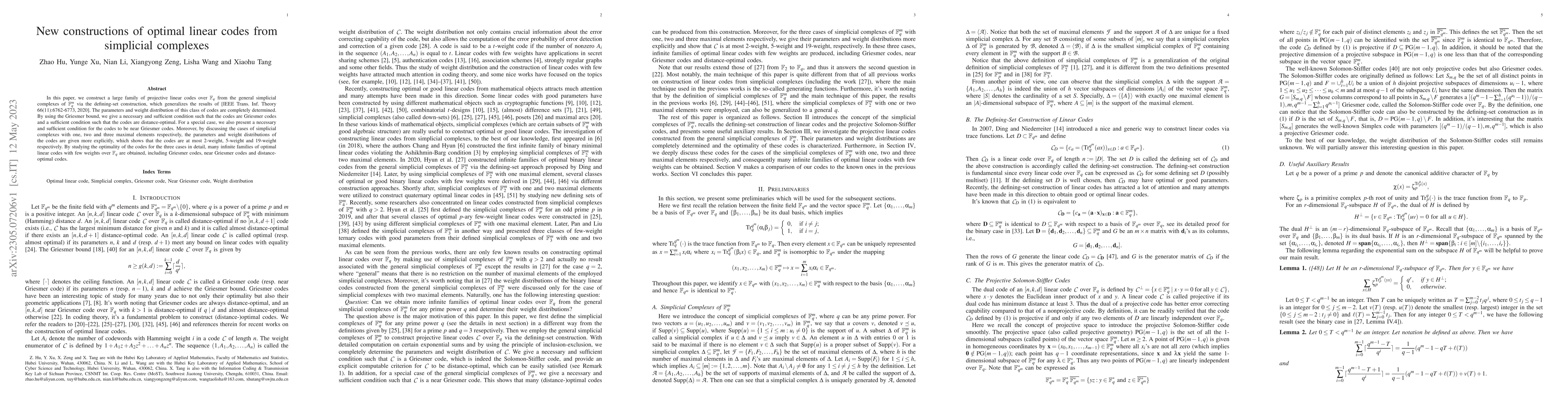 Thumbnail for New constructions of optimal linear codes from simplicial complexes