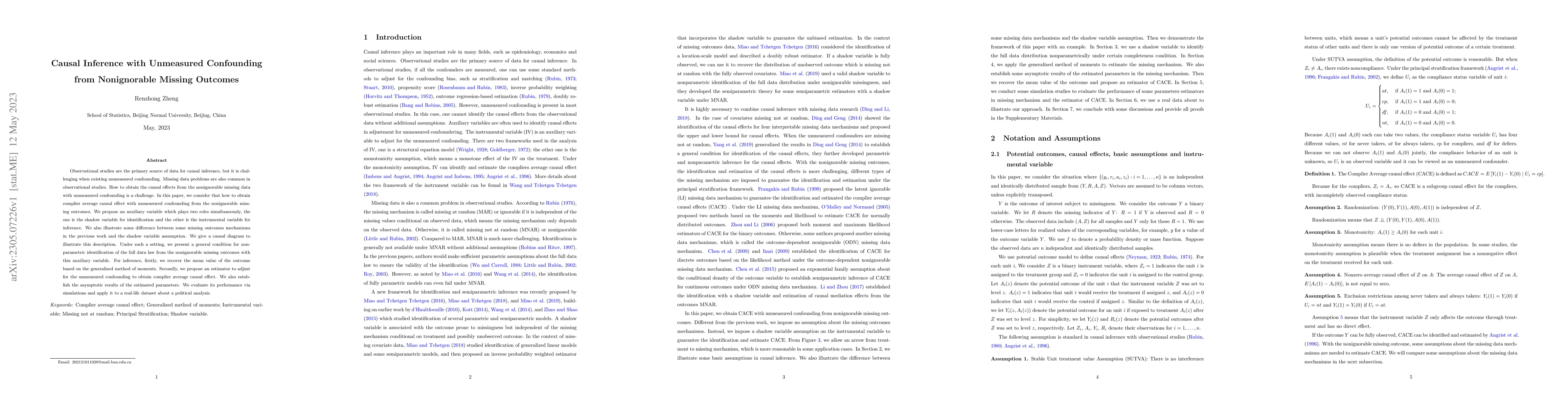 Thumbnail for Causal Inference with Unmeasured Confounding from Nonignorable Missing
  Outcomes