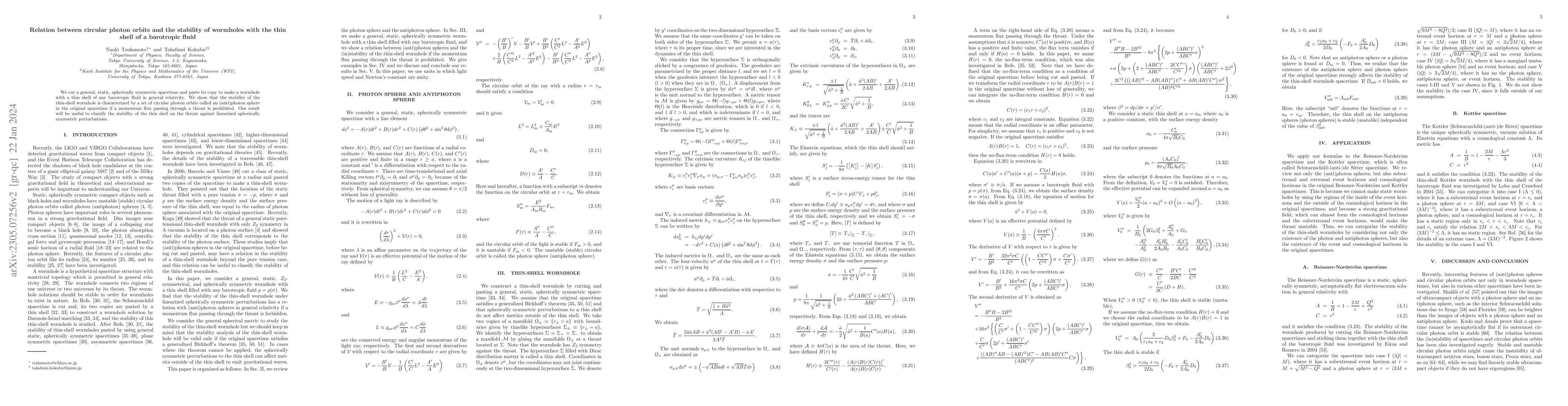 Thumbnail for Relation between circular photon orbits and the stability of wormholes
  with the thin shell of a barotropic fluid