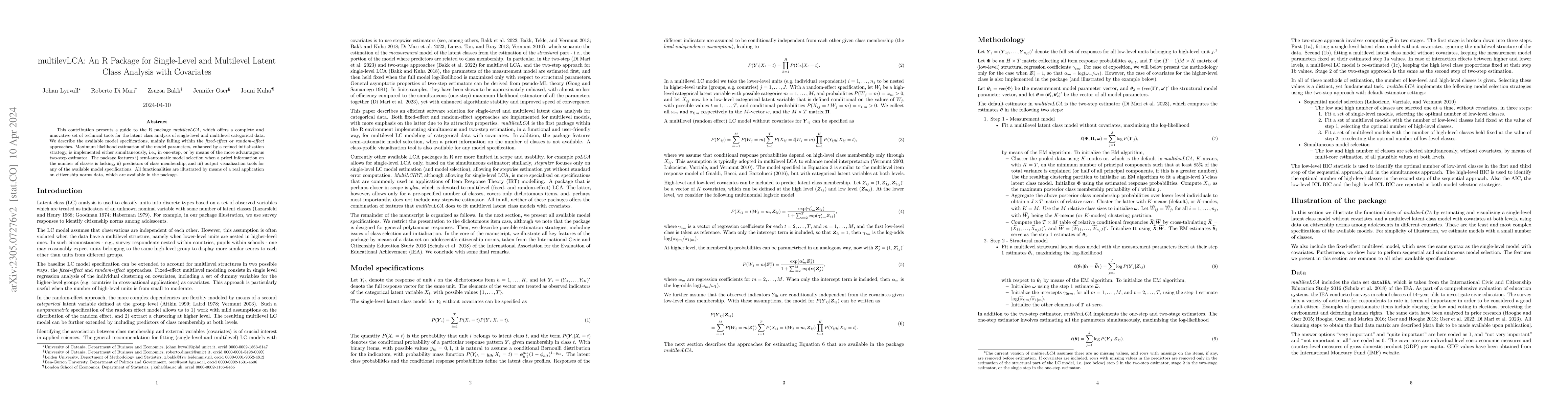 Thumbnail for multilevLCA: An R Package for Single-Level and Multilevel Latent Class
  Analysis with Covariates