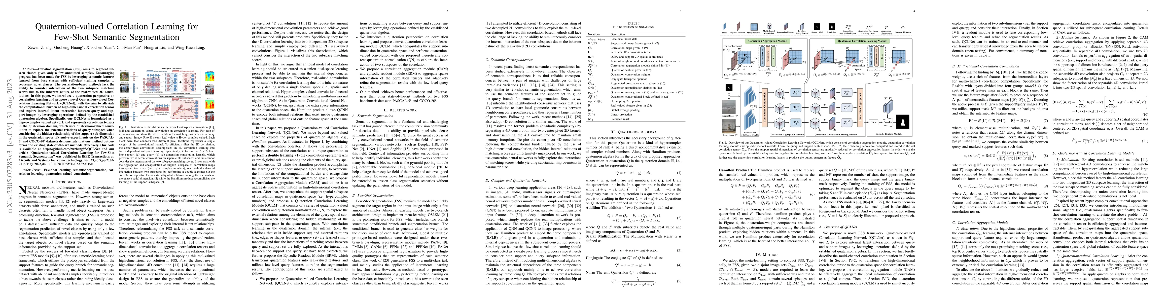 Thumbnail for Quaternion-valued Correlation Learning for Few-Shot Semantic
  Segmentation