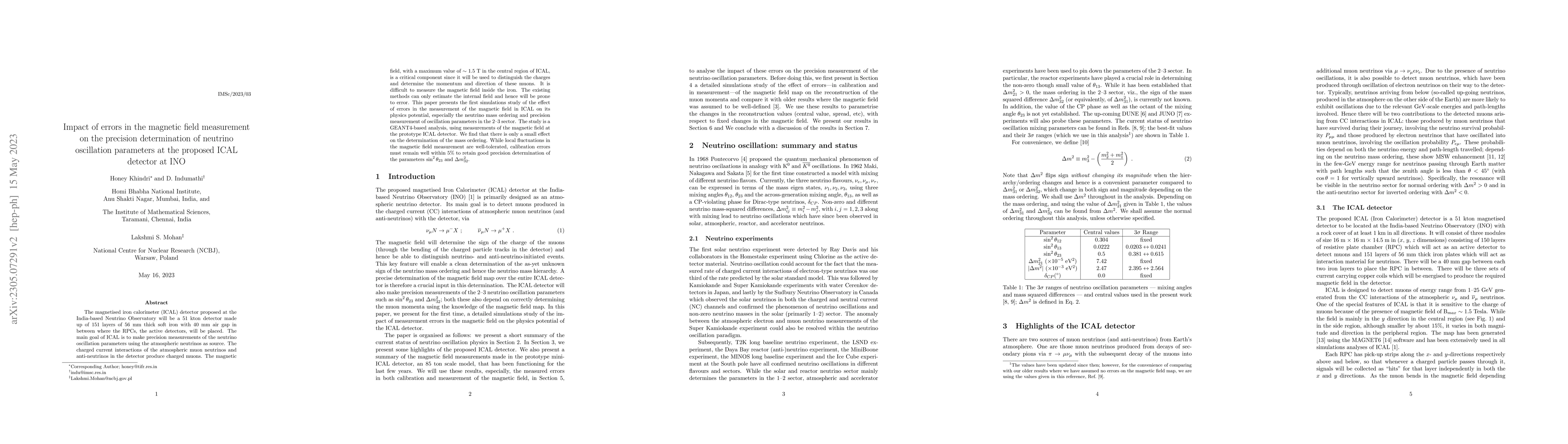 Thumbnail for Impact of errors in the magnetic field measurement on the precision
  determination of neutrino oscillation parameters at the proposed ICAL
  detector at INO