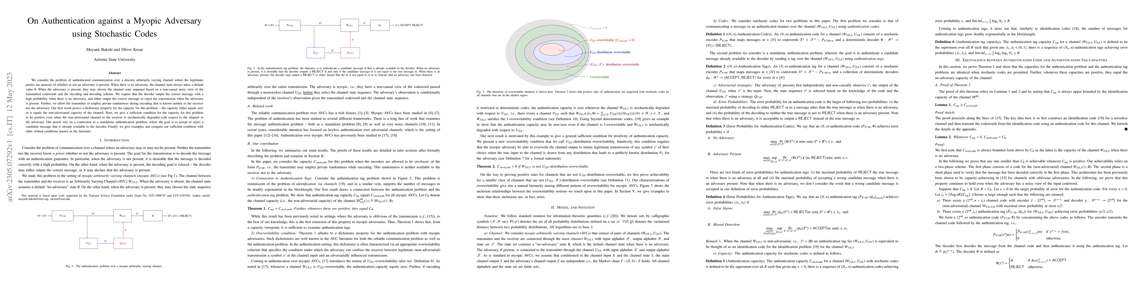 Thumbnail for On Authentication against a Myopic Adversary using Stochastic Codes