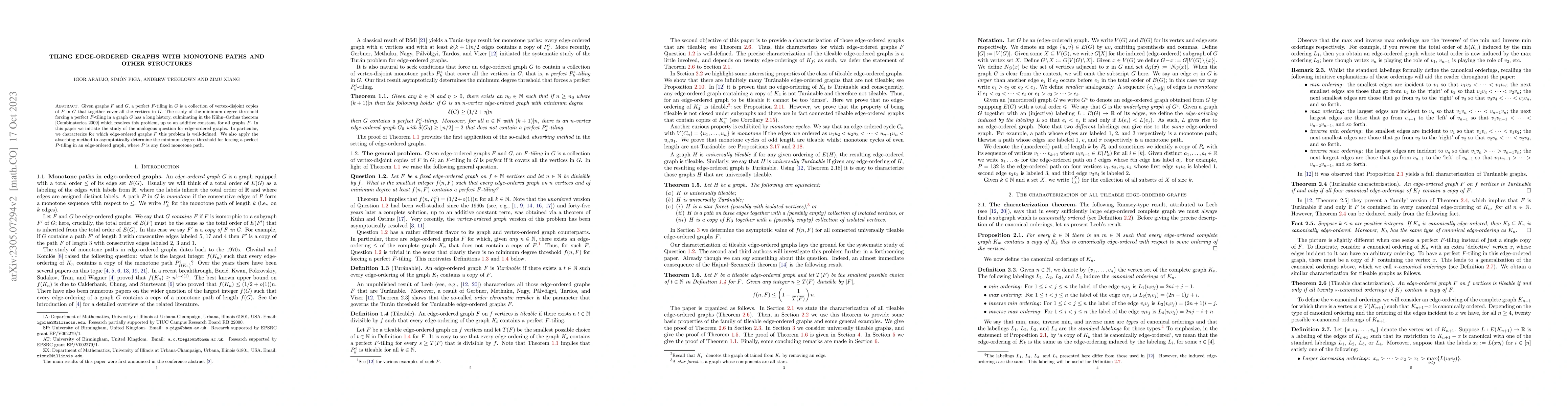 Thumbnail for Tiling edge-ordered graphs with monotone paths and other structures