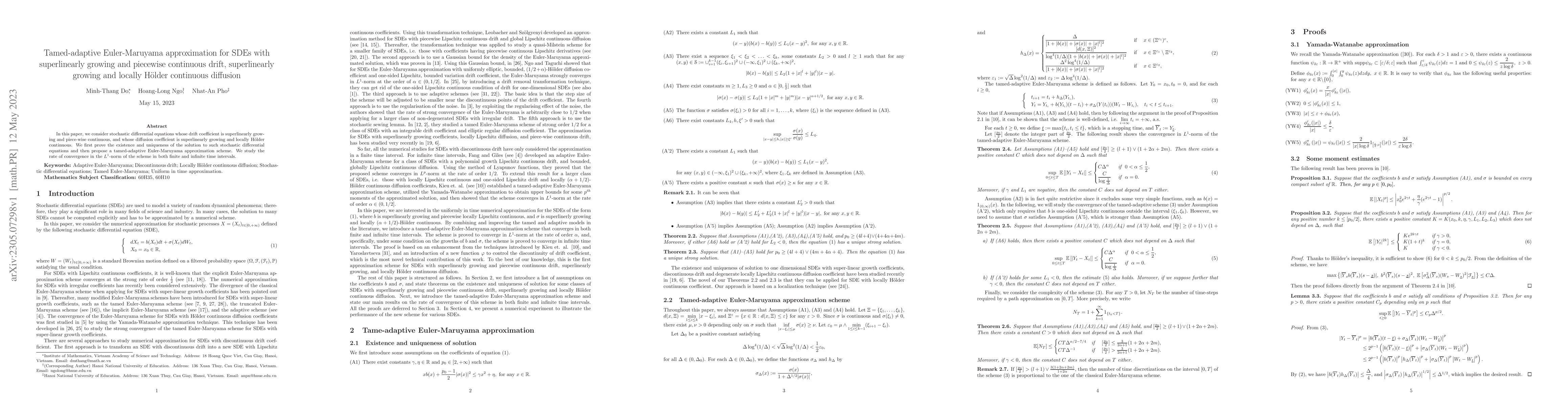 Thumbnail for Tamed-adaptive Euler-Maruyama approximation for SDEs with superlinearly
  growing and piecewise continuous drift, superlinearly growing and locally
  H\"older continuous diffusion
