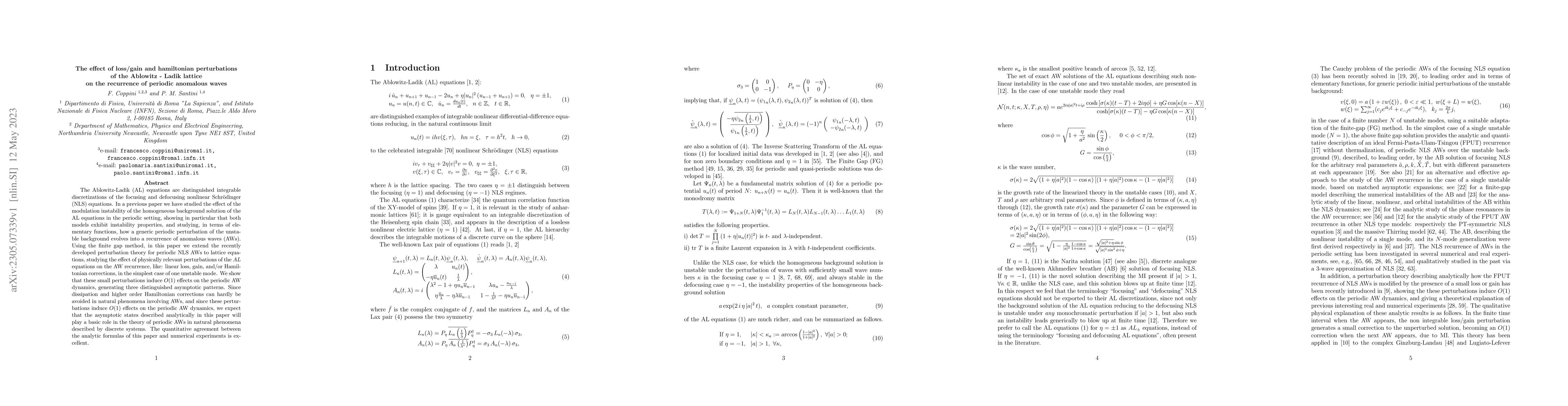 Thumbnail for The effect of loss/gain and hamiltonian perturbations of the
  Ablowitz-Ladik lattice on the recurrence of periodic anomalous waves