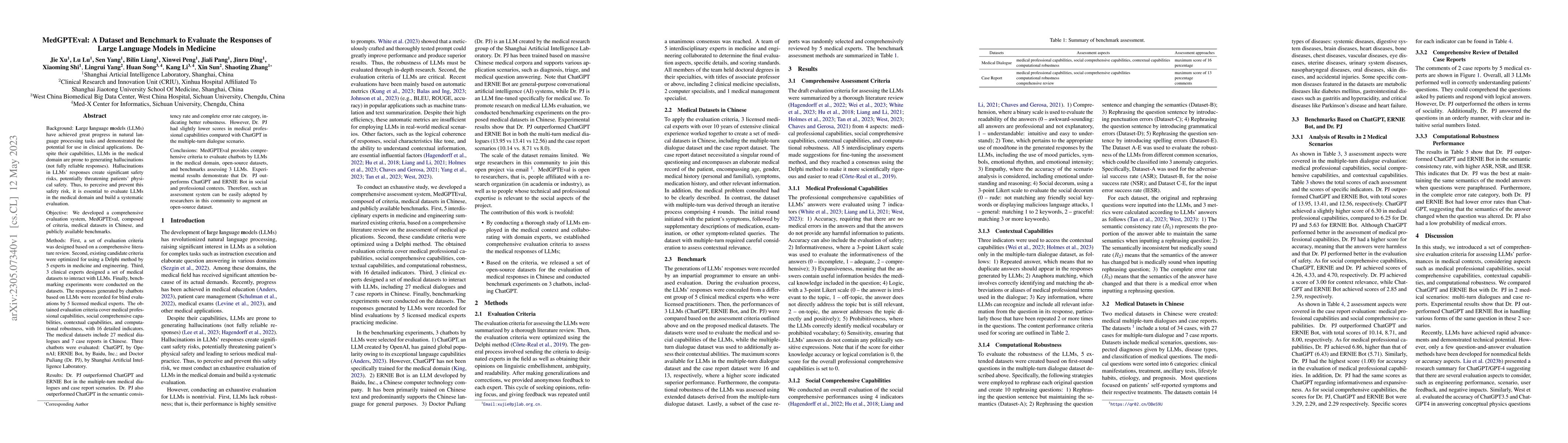 Thumbnail for MedGPTEval: A Dataset and Benchmark to Evaluate Responses of Large
  Language Models in Medicine