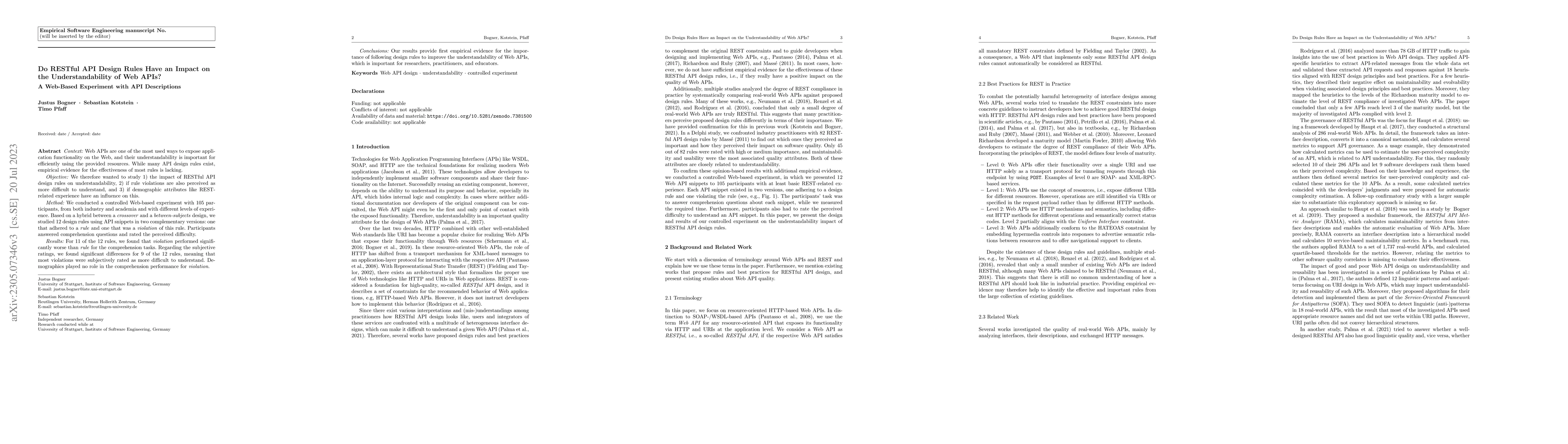 Thumbnail for Do RESTful API Design Rules Have an Impact on the Understandability of
  Web APIs? A Web-Based Experiment with API Descriptions