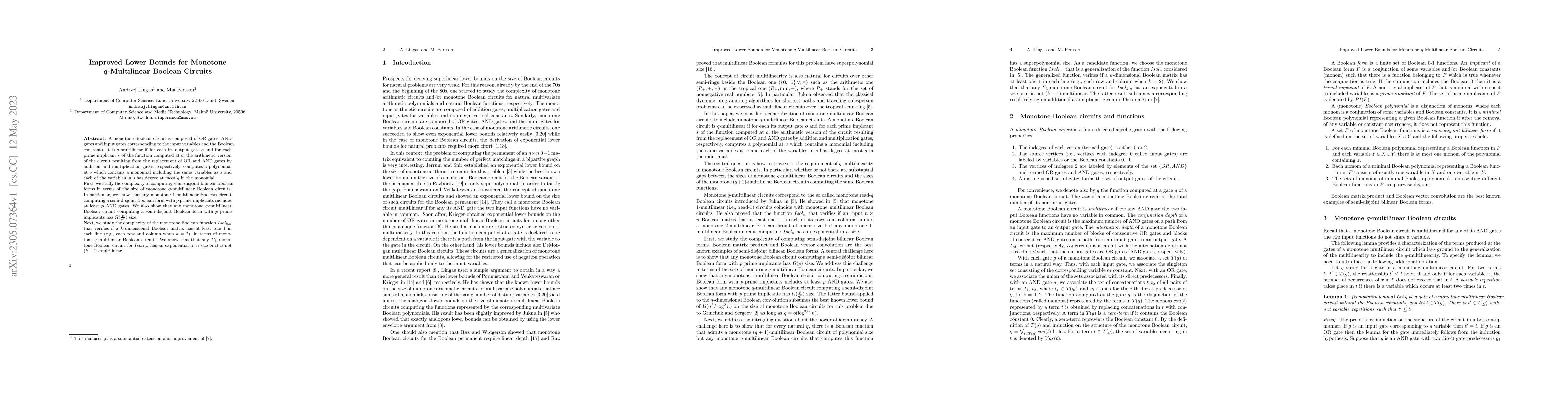 Thumbnail for Improved Lower Bounds for Monotone q-Multilinear Boolean Circuits
