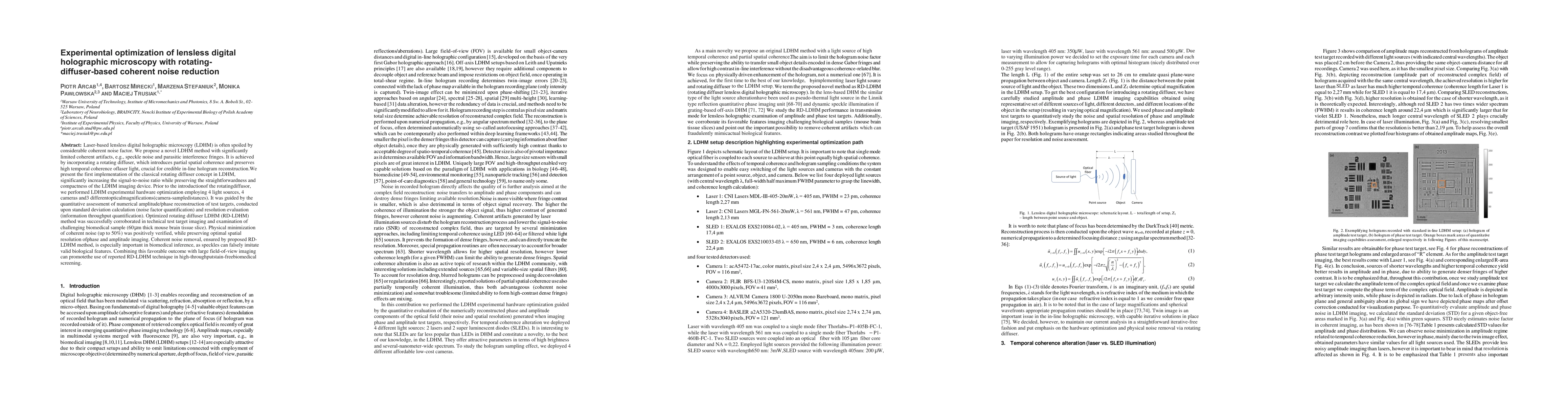 Thumbnail for Experimental optimization of lensless digital holographic microscopy
  with rotating diffuser-based coherent noise reduction