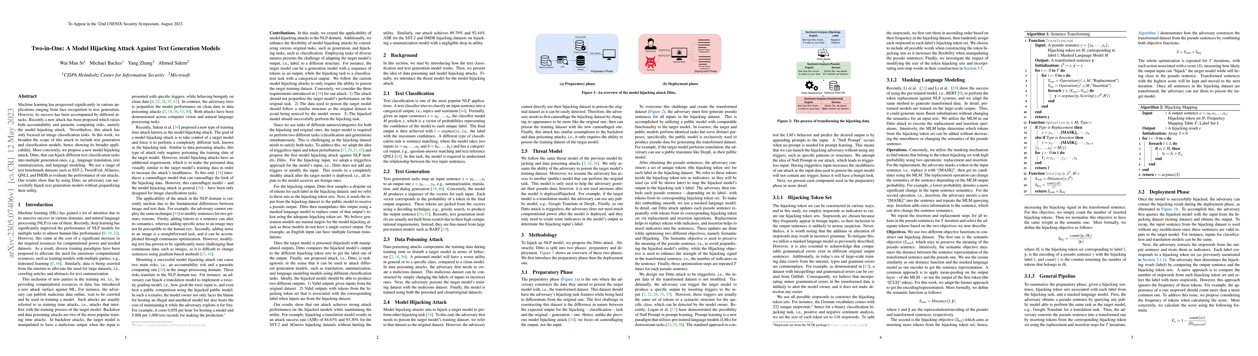 Thumbnail for Two-in-One: A Model Hijacking Attack Against Text Generation Models