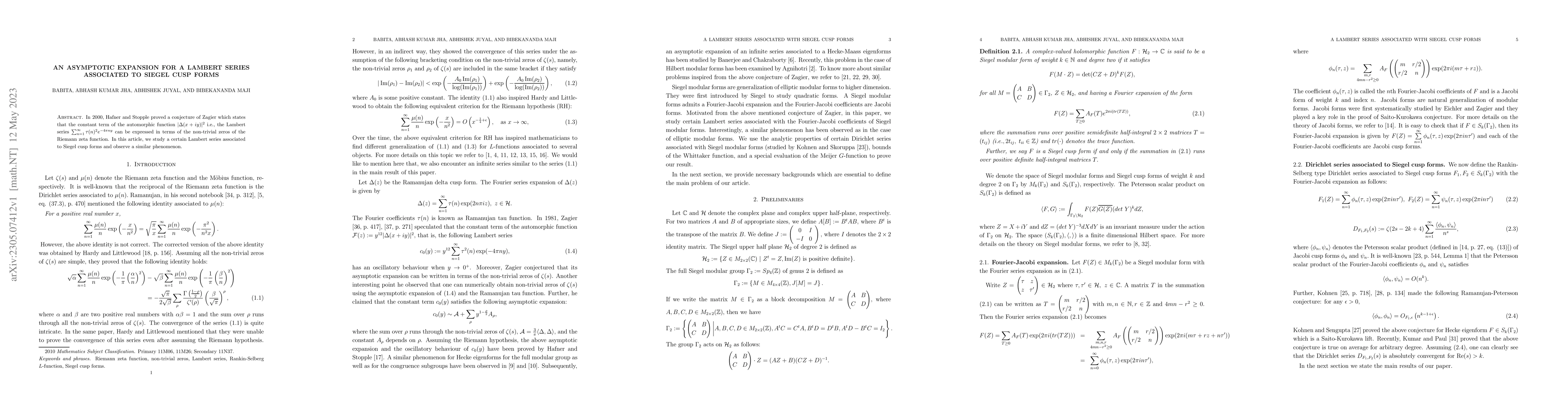 Thumbnail for An asymptotic expansion for a Lambert series associated to Siegel cusp
  forms