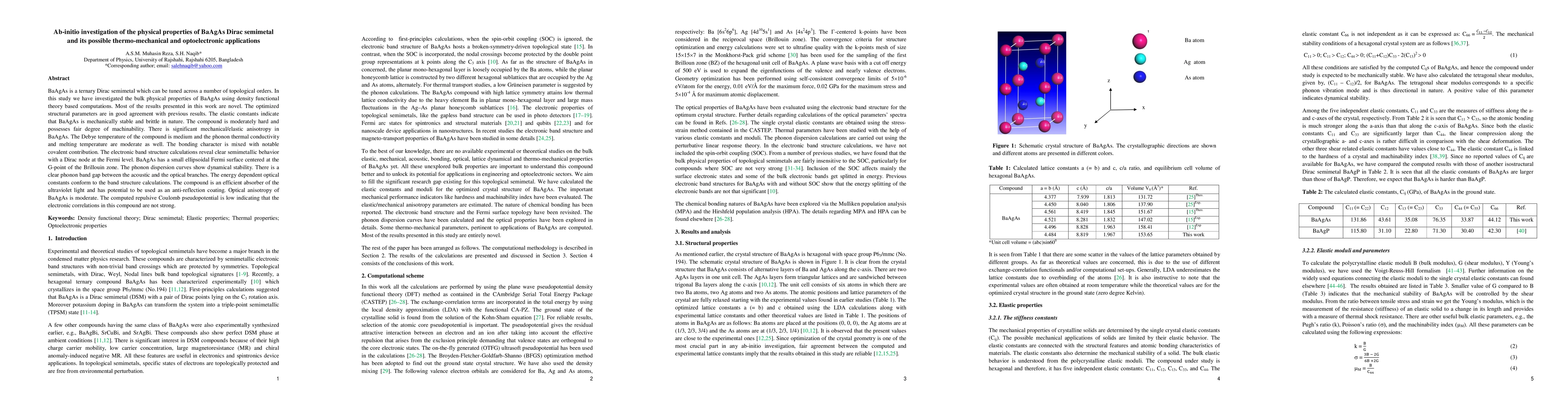 Thumbnail for Ab-initio investigation of the physical properties of BaAgAs Dirac
  semimetal and its possible thermo-mechanical and optoelectronic applications