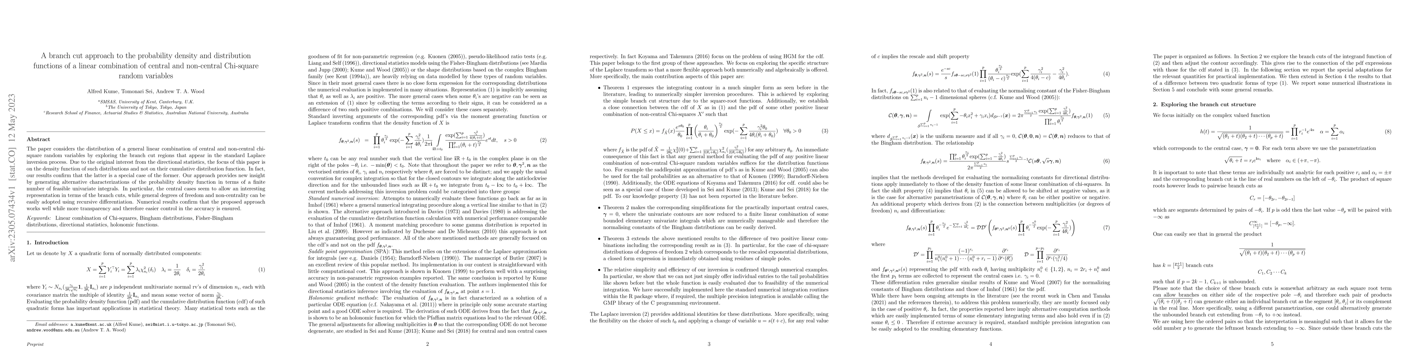 Thumbnail for A branch cut approach to the probability density and distribution
  functions of a linear combination of central and non-central Chi-square
  random variables