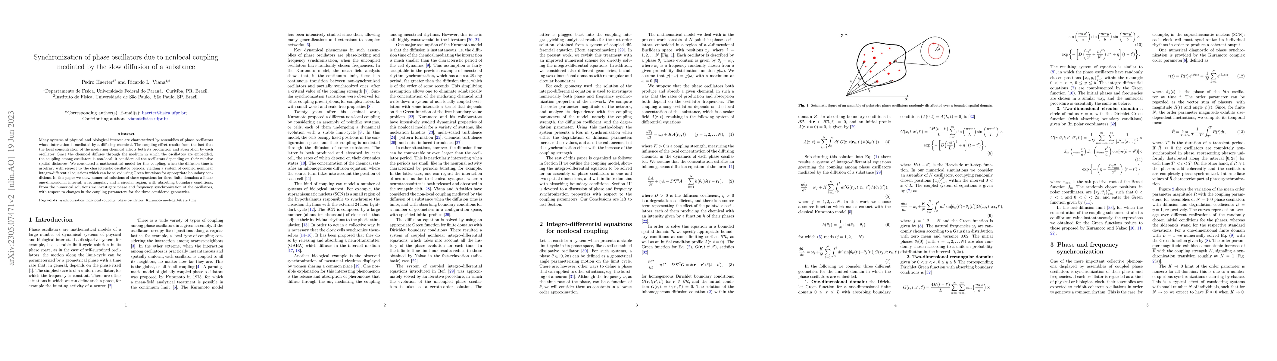 Thumbnail for Synchronization of phase oscillators due to nonlocal coupling mediated
  by the slow diffusion of a substance