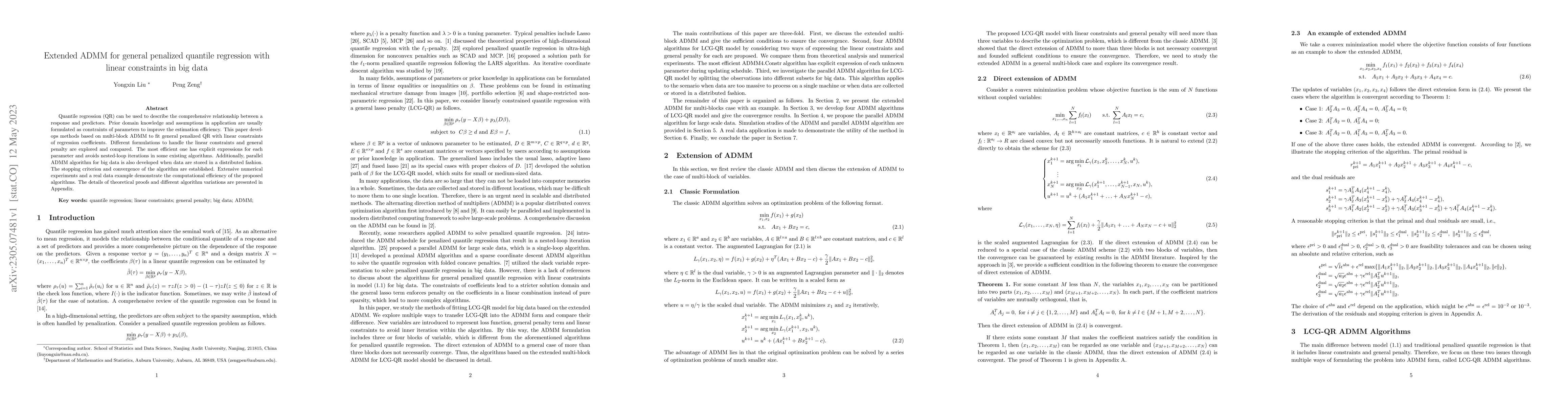 Thumbnail for Extended ADMM for general penalized quantile regression with linear
  constraints in big data