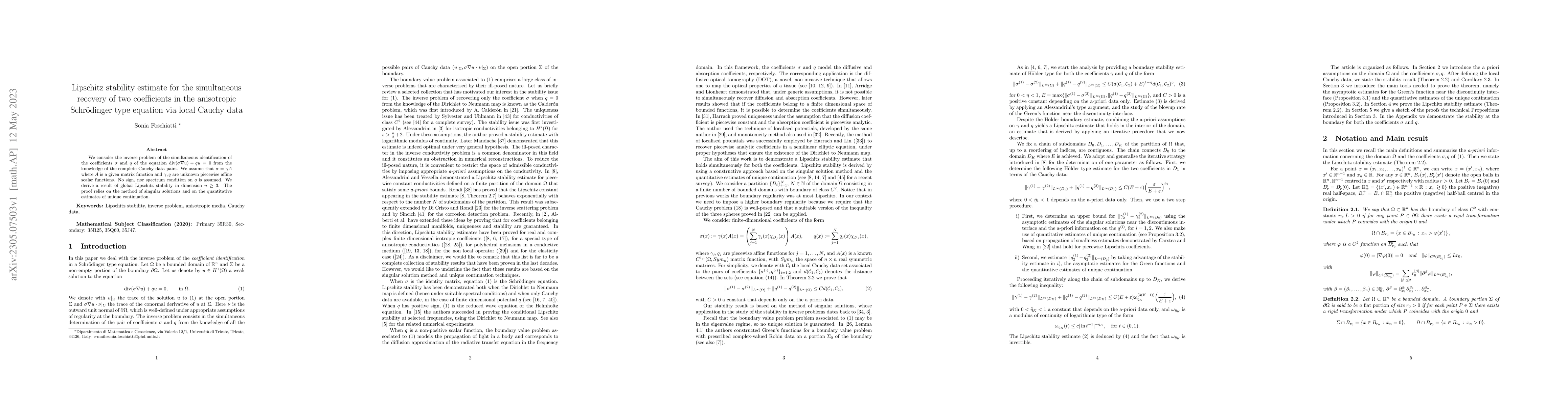 Thumbnail for Lipschitz stability estimate for the simultaneous recovery of two
  coefficients in the anisotropic Schr\"odinger type equation via local Cauchy
  data