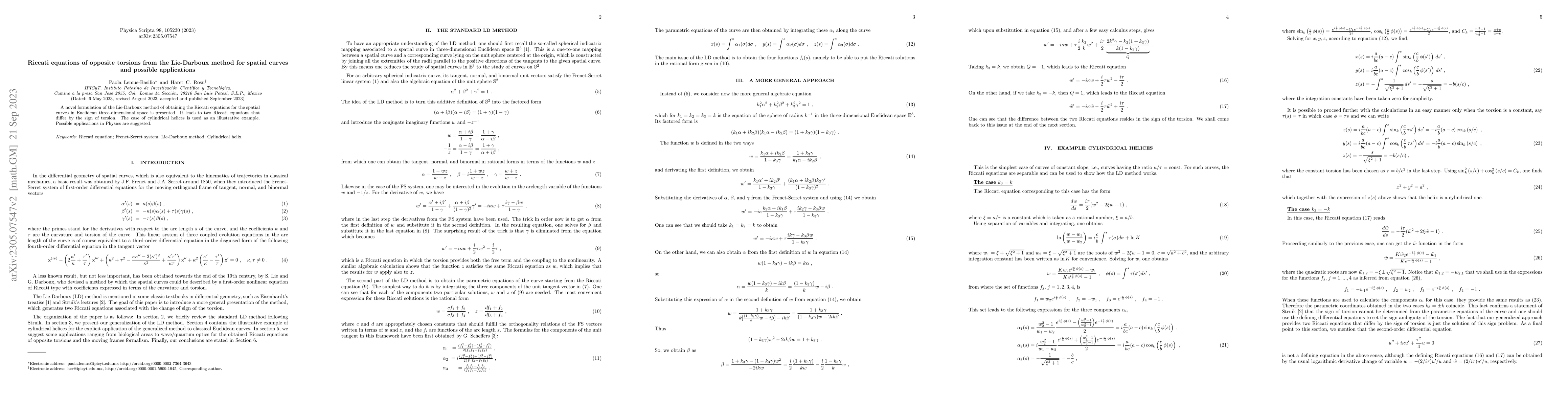 Thumbnail for Riccati equations of opposite torsions from the Lie-Darboux method for
  spatial curves and possible applications