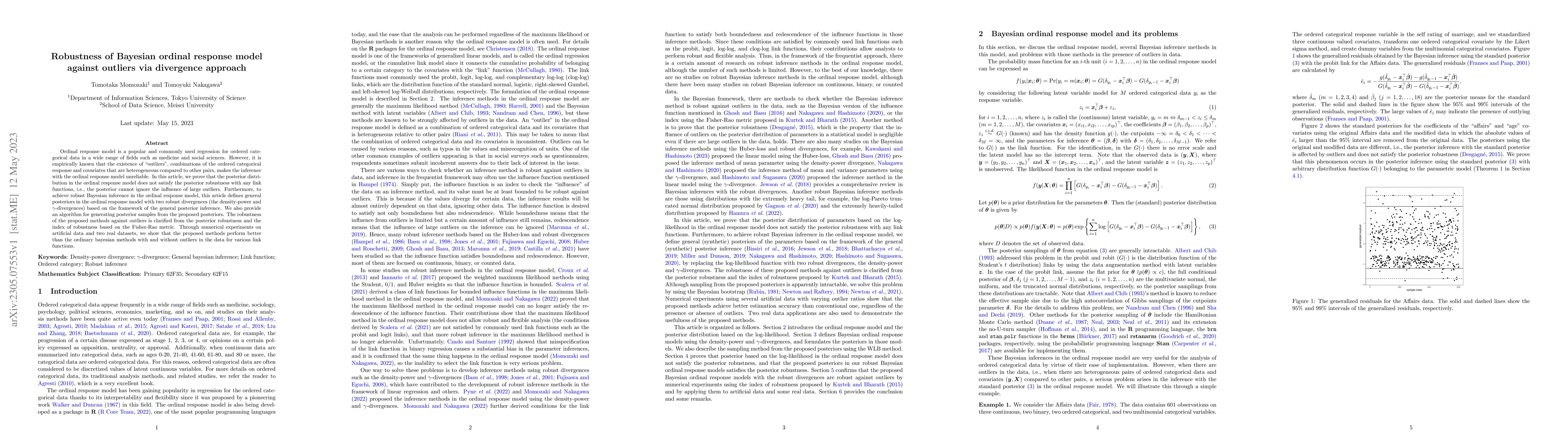 Thumbnail for Robustness of Bayesian ordinal response model against outliers via
  divergence approach