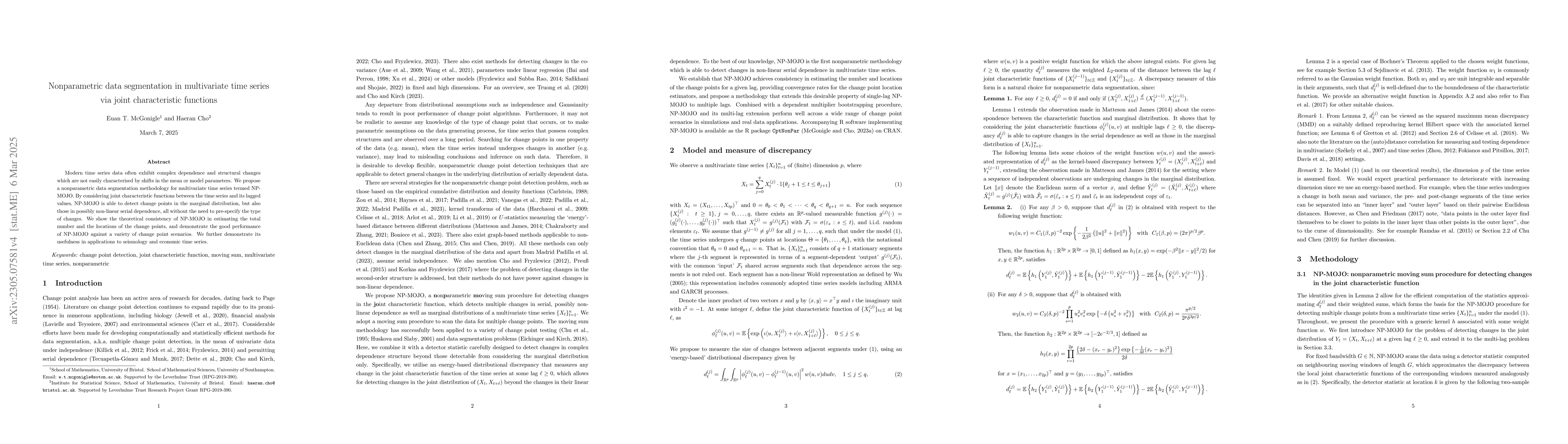 Thumbnail for Nonparametric data segmentation in multivariate time series via joint
  characteristic functions