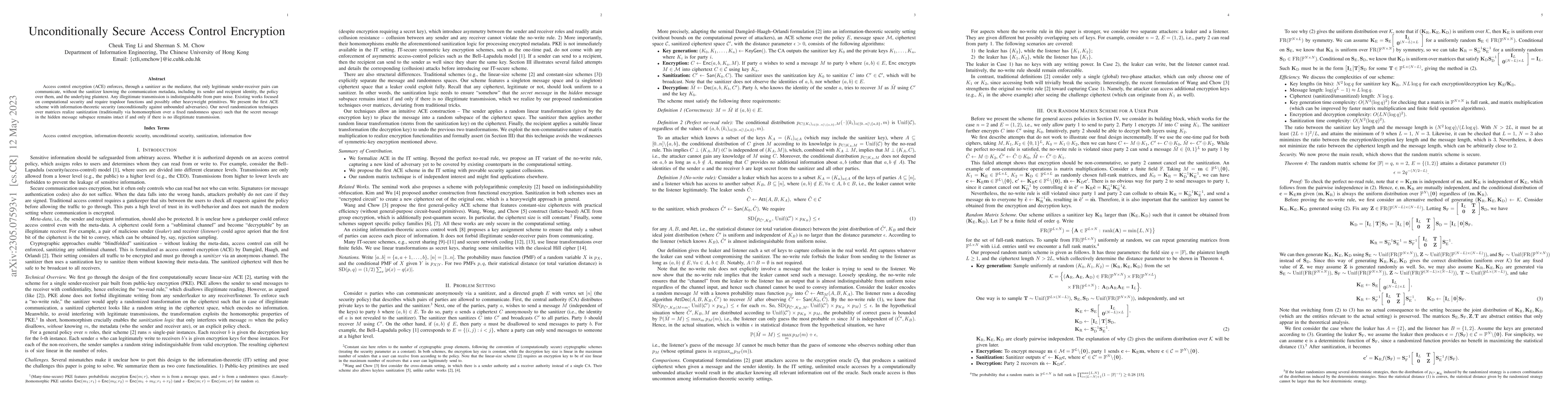 Thumbnail for Unconditionally Secure Access Control Encryption