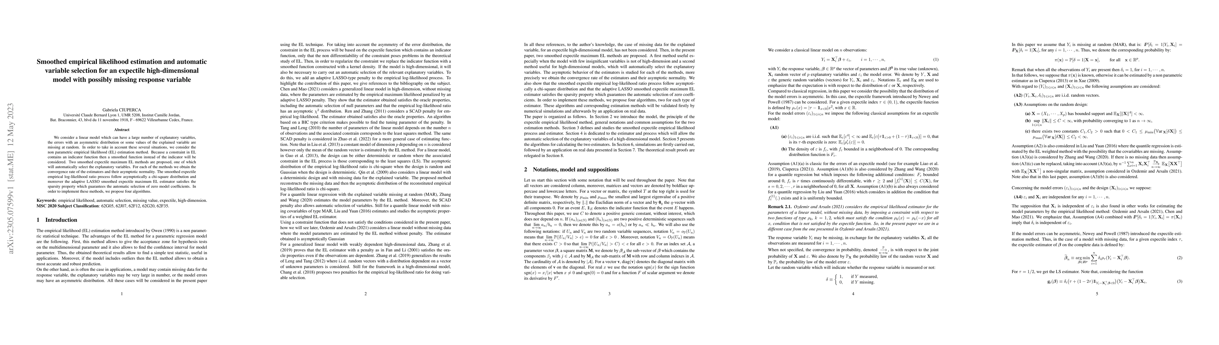 Thumbnail for Smoothed empirical likelihood estimation and automatic variable
  selection for an expectile high-dimensional model with possibly missing
  response variable