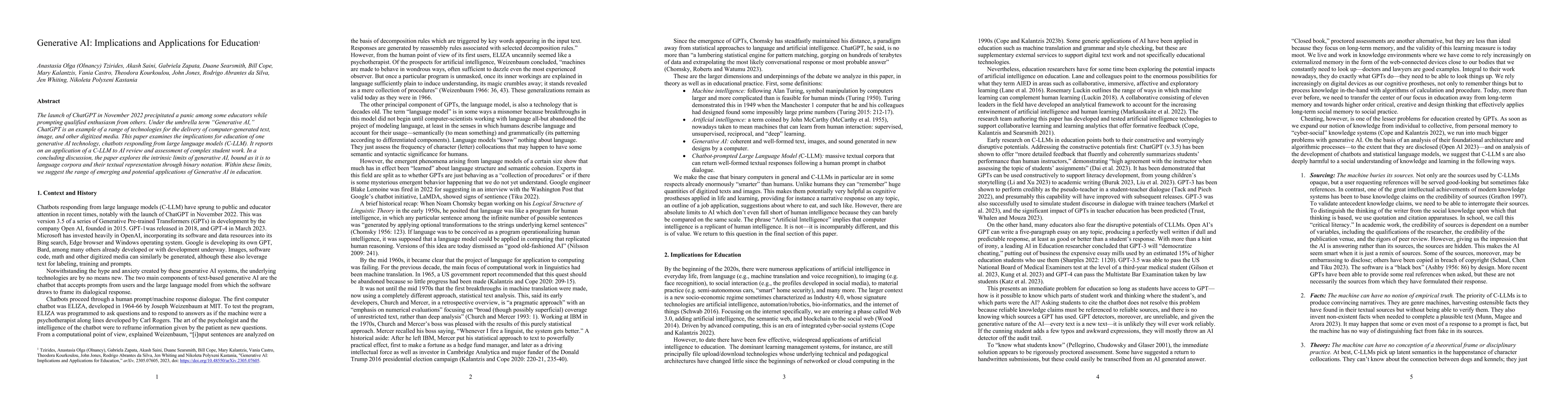 Thumbnail for Generative AI: Implications and Applications for Education
