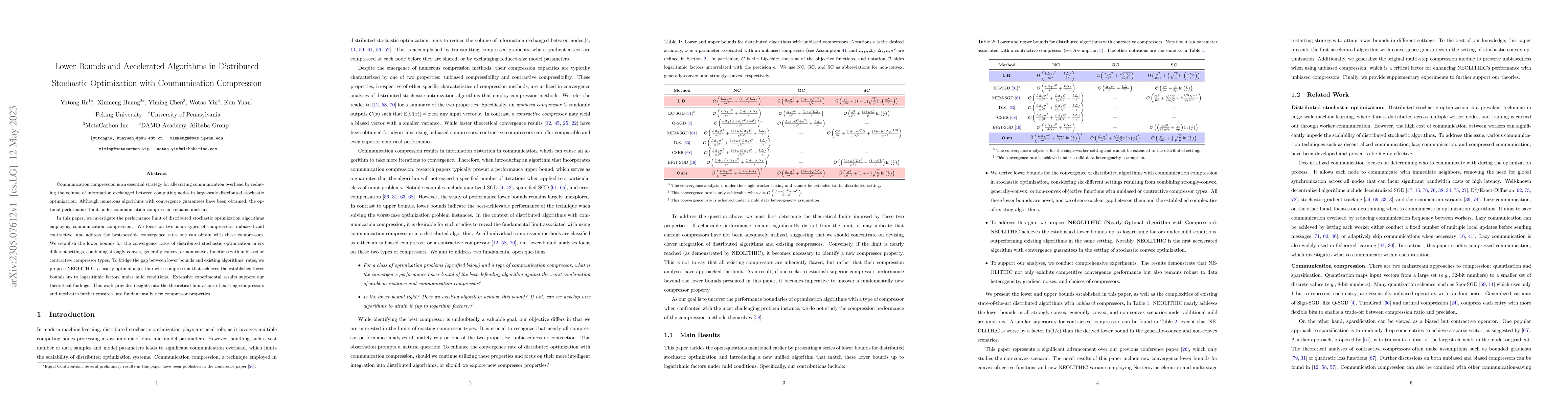 Thumbnail for Lower Bounds and Accelerated Algorithms in Distributed Stochastic
  Optimization with Communication Compression