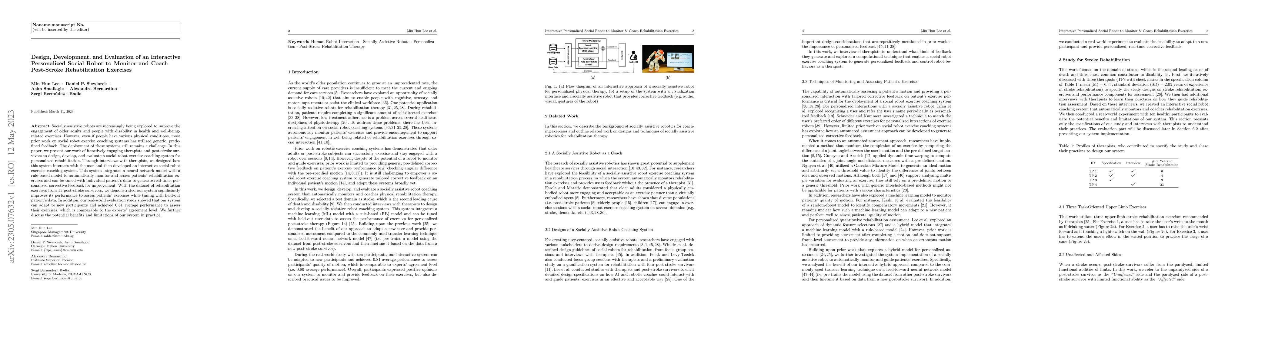 Thumbnail for Design, Development, and Evaluation of an Interactive Personalized
  Social Robot to Monitor and Coach Post-Stroke Rehabilitation Exercises