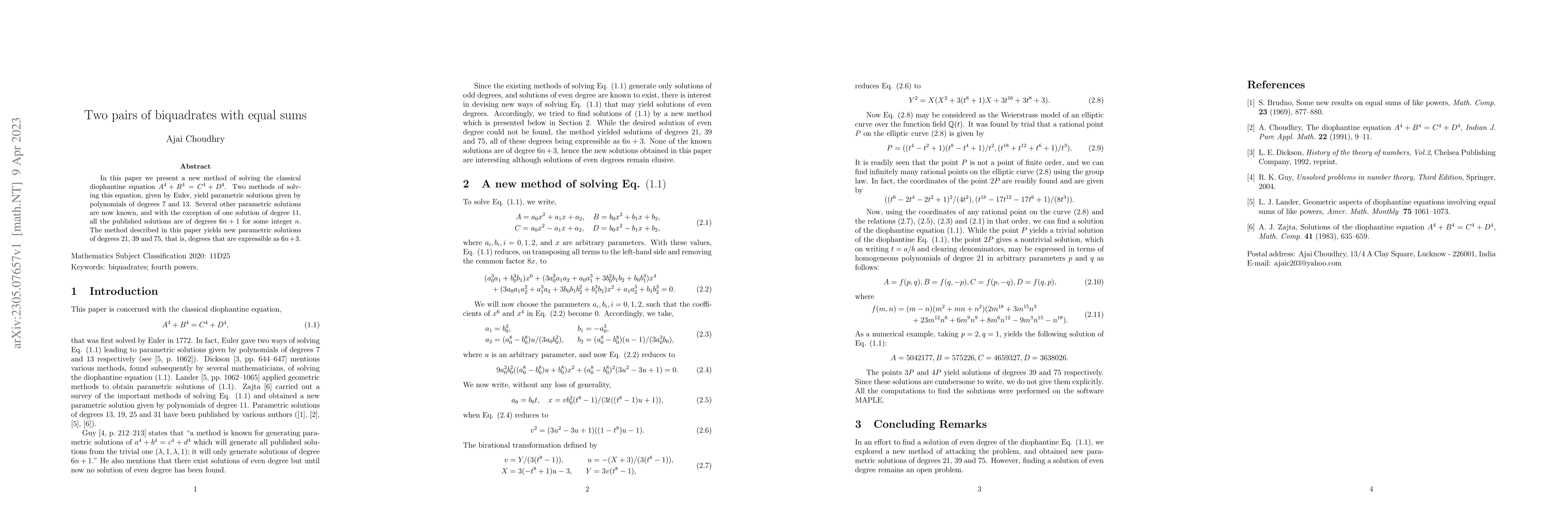 Thumbnail for Two pairs of biquadrates with equal sums