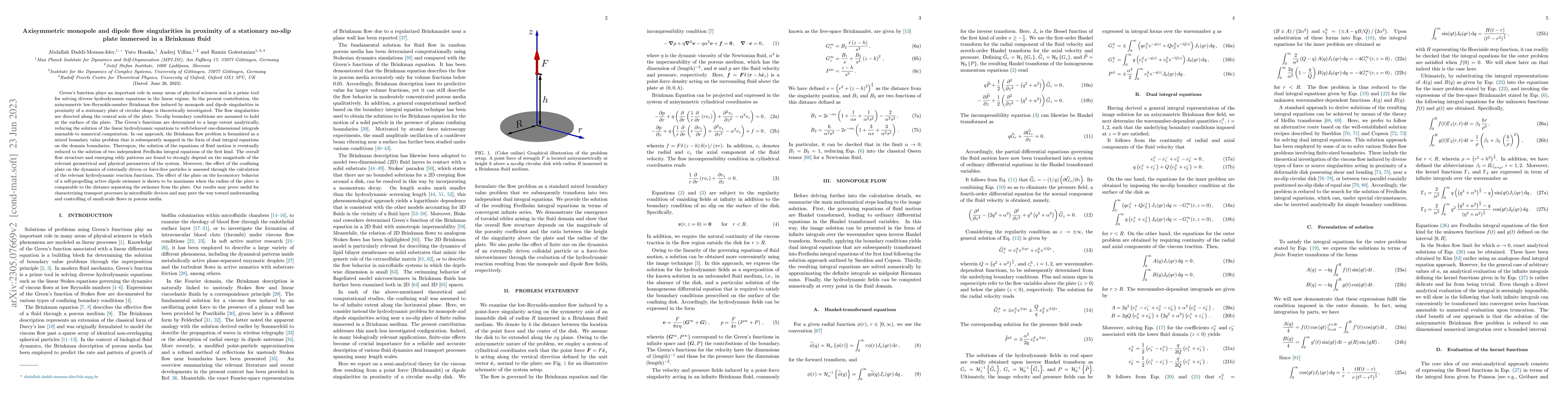 Thumbnail for Axisymmetric monopole and dipole flow singularities in proximity of a
  stationary no-slip plate immersed in a Brinkman fluid